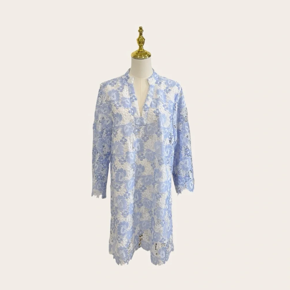 J. Marie Small Maggie Light Blue White Lace Short Dress Kaftan 3/4 Sleeve NWT - Picture 5 of 13